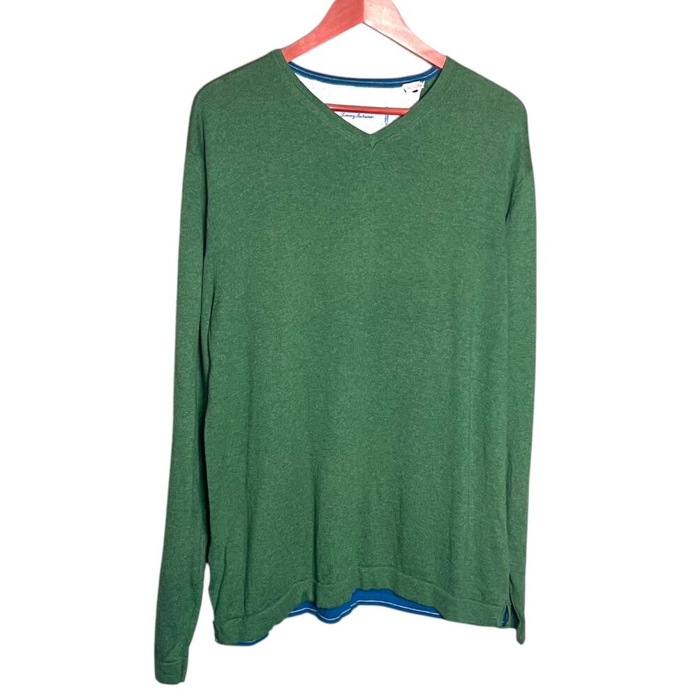 Tommy Bahama Men's XL Sweater Green Cotton Cashmere Blend Lightweight V-Neck